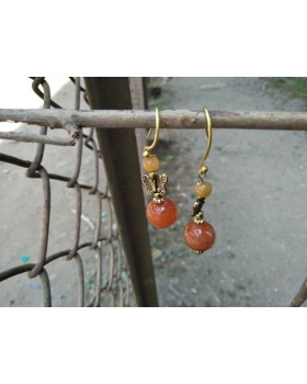 Alphabey's Orange & Yellow Agate Stone Butterfly Patterned Gold Plated Brass Earrings For Women